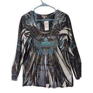 One World Top Women Size M Long Sleeve Floral Gathered Bohemian Flowy Goth Soft